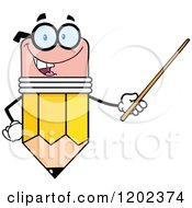 Cartoon Of A Happy Pencil Mascot Holding A Pointer Stick Royalty Free Vector Clipart