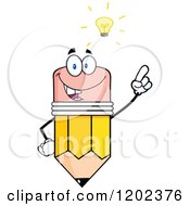 Cartoon Of A Pencil Mascot Holding Up A Finger Under An Idea Lightbulb Royalty Free Vector Clipart