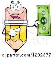 Cartoon Of A Pencil Mascot Holding And Pointing To A Dollar Bill Royalty Free Vector Clipart