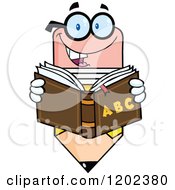 Cartoon Of A Pencil Teacher Mascot Reading A Book Royalty Free Vector Clipart