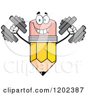 Cartoon Of A Strong Pencil Mascot Working Out With Dumbbells Royalty Free Vector Clipart