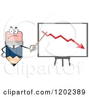 Poster, Art Print Of Business Pencil Mascot Pointing To A Down Arrow On A Board