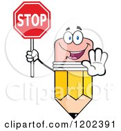 Cartoon Of A Pencil Mascot Holding Out A Hand And Stop Sign Royalty Free Vector Clipart