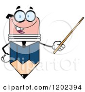 Cartoon Of A Business Pencil Mascot Using A Pointer Stick Royalty Free Vector Clipart