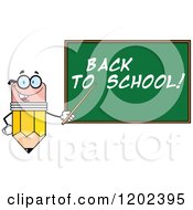 Poster, Art Print Of Pencil Teacher Mascot Using A Pointer Stick By A Back To School Chalk Board