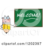 Poster, Art Print Of Pencil Teacher Mascot Using A Pointer Stick By A Welcome Chalk Board