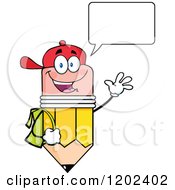 Cartoon Of A Happy Talking Pencil Student Mascot Waving Royalty Free Vector Clipart by Hit Toon