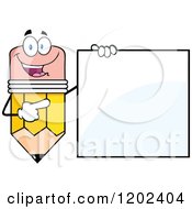 Cartoon Of A Happy Pencil Mascot Pointing To A Sign Royalty Free Vector Clipart by Hit Toon