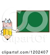 Poster, Art Print Of Pencil Teacher Mascot Using A Pointer Stick By A Chalk Board