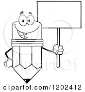 Poster, Art Print Of Black And White Happy Pencil Mascot With A Sign