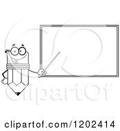 Poster, Art Print Of Black And White Outlined Pencil Teacher Mascot Using A Pointer Stick By A Chalk Board