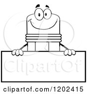 Poster, Art Print Of Black And White Outlined Happy Pencil Mascot Over A Sign Board