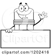 Poster, Art Print Of Black And White Outlined Waving Pencil Mascot Over A Sign
