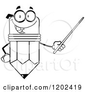 Cartoon Of A Black And White Outlined Happy Pencil Mascot Holding A Pointer Stick Royalty Free Vector Clipart