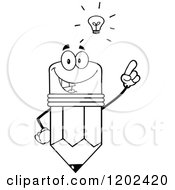 Cartoon Of A Black And White Pencil Mascot Holding Up A Finger Under An Idea Lightbulb Royalty Free Vector Clipart
