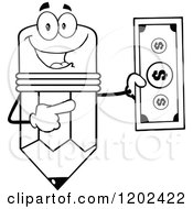 Cartoon Of A Black And White Pencil Mascot Holding And Pointing To A Dollar Bill Royalty Free Vector Clipart