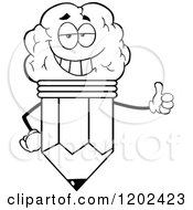 Cartoon Of A Black And White Pleased Brain Pencil Mascot Holding A Thumb Up Royalty Free Vector Clipart