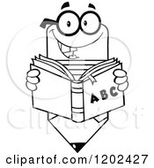 Cartoon Of A Black And White Pencil Teacher Mascot Reading A Book Royalty Free Vector Clipart