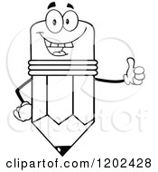 Cartoon Of A Black And White Pleased Pencil Mascot Holding A Thumb Up Royalty Free Vector Clipart