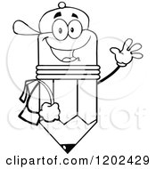 Cartoon Of A Black And White Happy Pencil Student Mascot Waving Royalty Free Vector Clipart