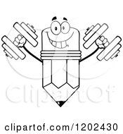 Cartoon Of A Black And White Strong Pencil Mascot Working Out With Dumbbells Royalty Free Vector Clipart