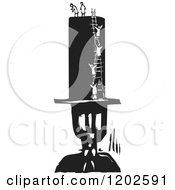 Tiny People Climbing A Ladder On A Mans Top Hat Black And White Woodcut
