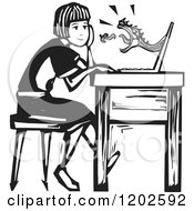 Clipart Of A Dragon Shooting Out At A Girl From A Laptop Screen Black And White Woodcut Royalty Free Vector Illustration