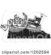 Clipart Of A Bulldozer Pushing Money Bags Off Of A Cliff Black And White Woodcut Royalty Free Vector Illustration by xunantunich #COLLC1202594-0119