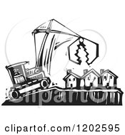 Clipart Of A Bulldozer And Crane Over Foreclosed Houses Black And White Woodcut Royalty Free Vector Illustration by xunantunich #COLLC1202595-0119