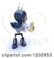 Poster, Art Print Of 3d Blue Android Robot Holding Documents