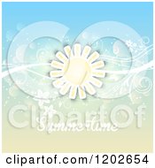 Clipart Of A Sun Over A Floral Vine And Flares With Summertime Text Royalty Free Vector Illustration