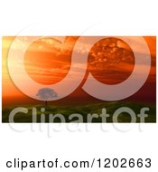 Poster, Art Print Of 3d Lone Tree On A Hilly Landscape Against An Orange Sunset