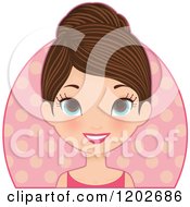 Poster, Art Print Of Happy Young Brunette Woman With Blue Eyes Over A Polka Dot Oval