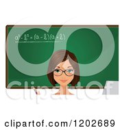 Brunette Female Teacher With Blue Eyes In Front Of A Math Chalkboard