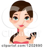 Poster, Art Print Of Young Brunette Woman With Blue Eyes Holding A Makeup Compact