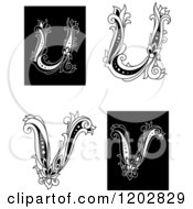 Clipart Of Vintage Black And White Floral Letters U And V Royalty Free Vector Illustration