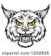 Poster, Art Print Of Hissing Grayscale Bobcat Face With Yellow Eyes