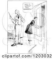 Cartoon Of A Vintage Black And White Couple With A Fixed Door Royalty Free Vector Clipart