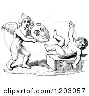 Clipart Of Vintage Black And White Cherubs With A Mask Royalty Free Vector Illustration