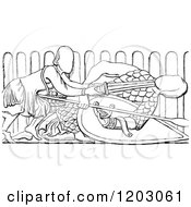Clipart Of Vintage Black And White David And Goliath Royalty Free Vector Illustration