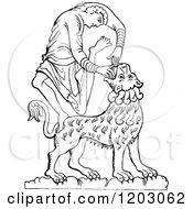 Clipart Of A Vintage Black And White David And The Lion Royalty Free Vector Illustration