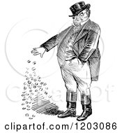 Clipart Of A Vintage Black And White Man Tossing Coins Royalty Free Vector Illustration