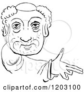 Clipart Of A Vintage Black And White Pointing Monk Royalty Free Vector Illustration