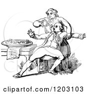 Clipart Of A Vintage Black And White Man Drugging Another Royalty Free Vector Illustration