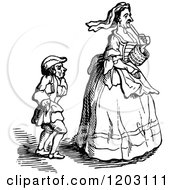 Clipart Of A Vintage Black And White Old Maid And Page Royalty Free Vector Illustration