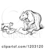 Clipart Of A Vintage Black And White Dog And Bear Royalty Free Vector Illustration
