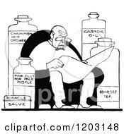 Clipart Of A Vintage Black And White Old Man Cartoon With Bottles Royalty Free Vector Illustration