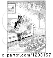 Cartoon Of A Vintage Black And White Injured Boy Reading A Newspaper Royalty Free Vector Clipart