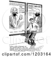 Cartoon Of A Vintage Black And White Boy Drawing Mustaches On Posters Royalty Free Vector Clipart