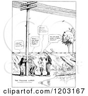 Cartoon Of A Vintage Black And White Group Of Boys Listening To A Telephone Pole Royalty Free Vector Clipart